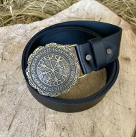 Herrengürtel Schwarz Leder mit massiver Vegvísir Messingschließe BB33