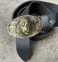 Men’s Black Leather Belt with Brass Lion Head Buckle BB29