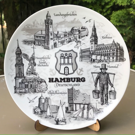 Hamburski Talerz Pamiątkowy - Dekoracyjny Talerz Porcelanowy 20 cm - Niemiecka Pamiątka na Ścianę DE-MT-057