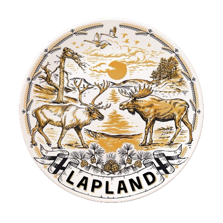 Talerz Lapland. Złoty styl wiszący talerz porcelanowy 20cm Ren i Łoś dekoracyjna pamiątka z drewnianym stojakiem Souvenir z Laponii Finlandia FIN-MT-012