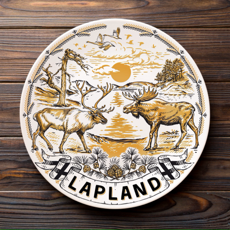 Talerz Lapland. Złoty styl wiszący talerz porcelanowy 20cm Ren i Łoś dekoracyjna pamiątka z drewnianym stojakiem Souvenir z Laponii Finlandia FIN-MT-012