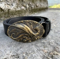 Herrengürtel Schwarz Leder mit massiver Drachen Messingschließe BB39