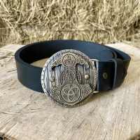 Men’s Black Leather Belt with Brass “Thor’s Hammer” Buckle BB38