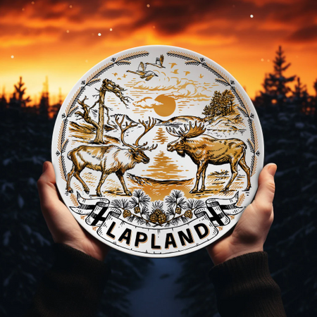 Talerz Lapland. Złoty styl wiszący talerz porcelanowy 20cm Ren i Łoś dekoracyjna pamiątka z drewnianym stojakiem Souvenir z Laponii Finlandia FIN-MT-012