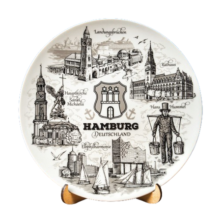 Hamburski Talerz Pamiątkowy - Dekoracyjny Talerz Porcelanowy 20 cm - Niemiecka Pamiątka na Ścianę DE-MT-057