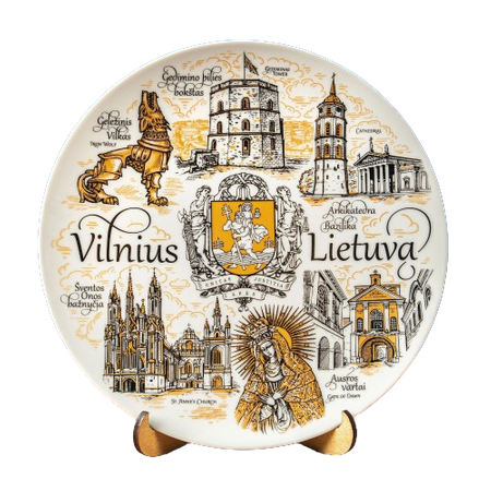 Talerz z Wilna 20 cm. Złoty styl wiszący talerz porcelanowy dekoracyjna pamiątka z drewnianym stojakiem Wilno Litwa LTU-MT-004