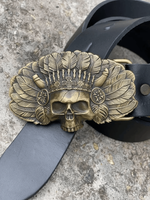 Men’s Black Leather Belt with Solid Brass Apache Skull Buckle BB31