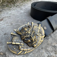 Men’s Black Leather Belt with Brass Samurai Mask Buckle BB28